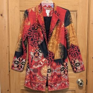 Chico's Printed Statement Jacket Sz 0 Small Blazer Black Red Art to Wear Asian